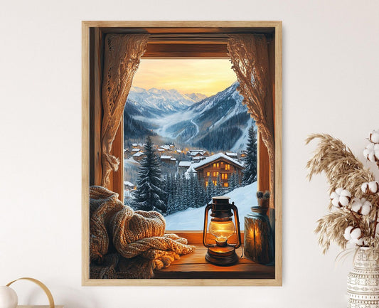 Affiche Aspen – Illustration Fenêtre, Chalets enneigés, Vue des montagnes du Colorado