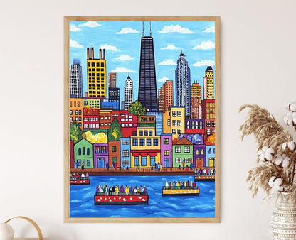 Affiche Chicago – Poster Art Naïve, Willis Tower et Lac Michigan