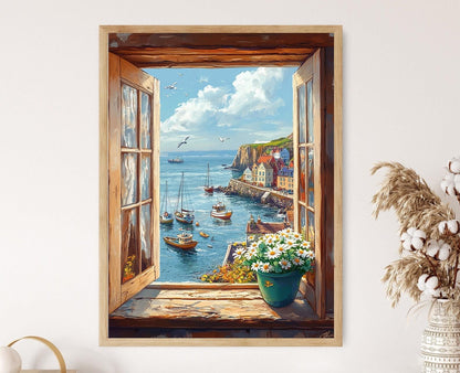 Affiche Howth – Illustration fenêtre, vue sur le port de pêche irlandais