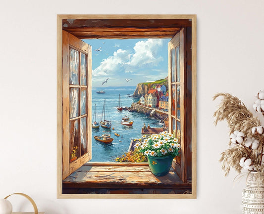 Affiche Howth – Illustration fenêtre, vue sur le port de pêche irlandais
