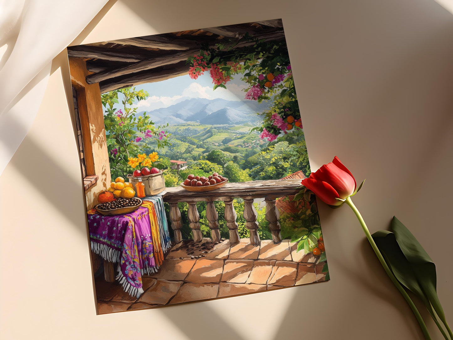 Affiche San José Costa Rica – Impression artistique de patio rustique avec textiles