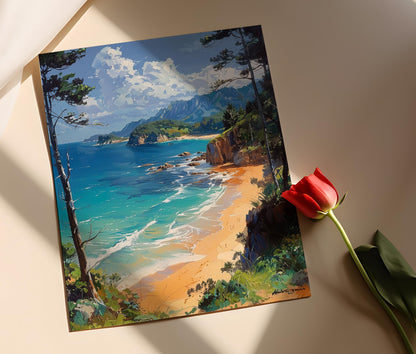 Affiche Abel Tasman – Peinture paisible, plages dorées et forêt côtière