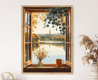 Affiche Canberra – Illustration du lac Burley Griffin avec cadre en bois