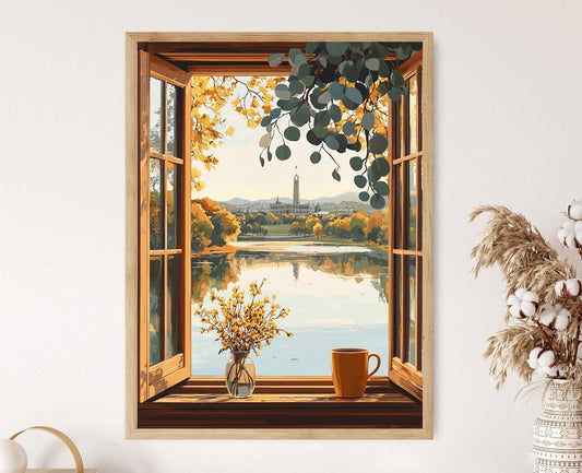 Affiche Canberra – Illustration du lac Burley Griffin avec cadre en bois