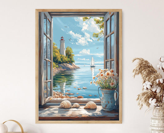Affiche des Milles Îles – Illustration de fenêtre avec voiliers et phare