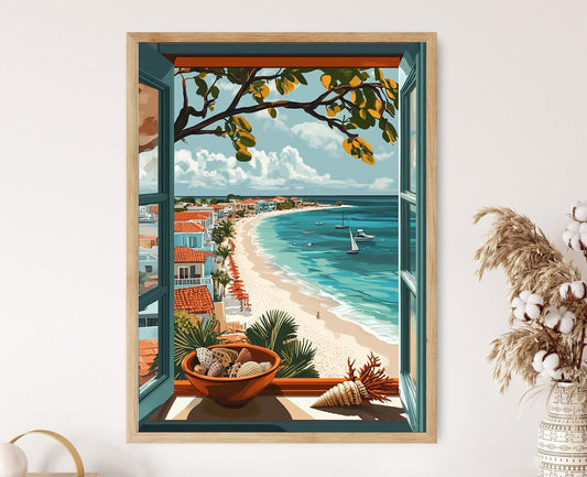 Affiche Aruba : Arbres Divi-Divi et Maison d'Oranjestad en Mer Turquoise