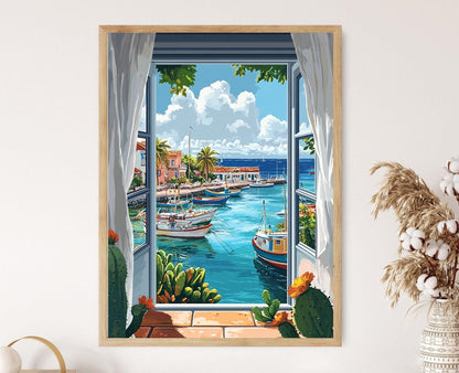 Affiche Bonaire – Poster Art Écologique des Récifs Coralliens et Bateaux