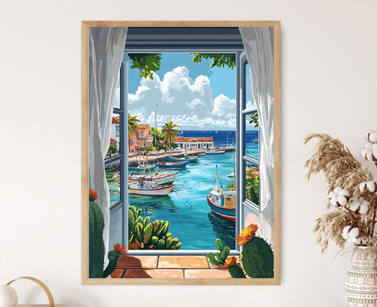 Affiche Bonaire – Poster Art Écologique des Récifs Coralliens et Bateaux