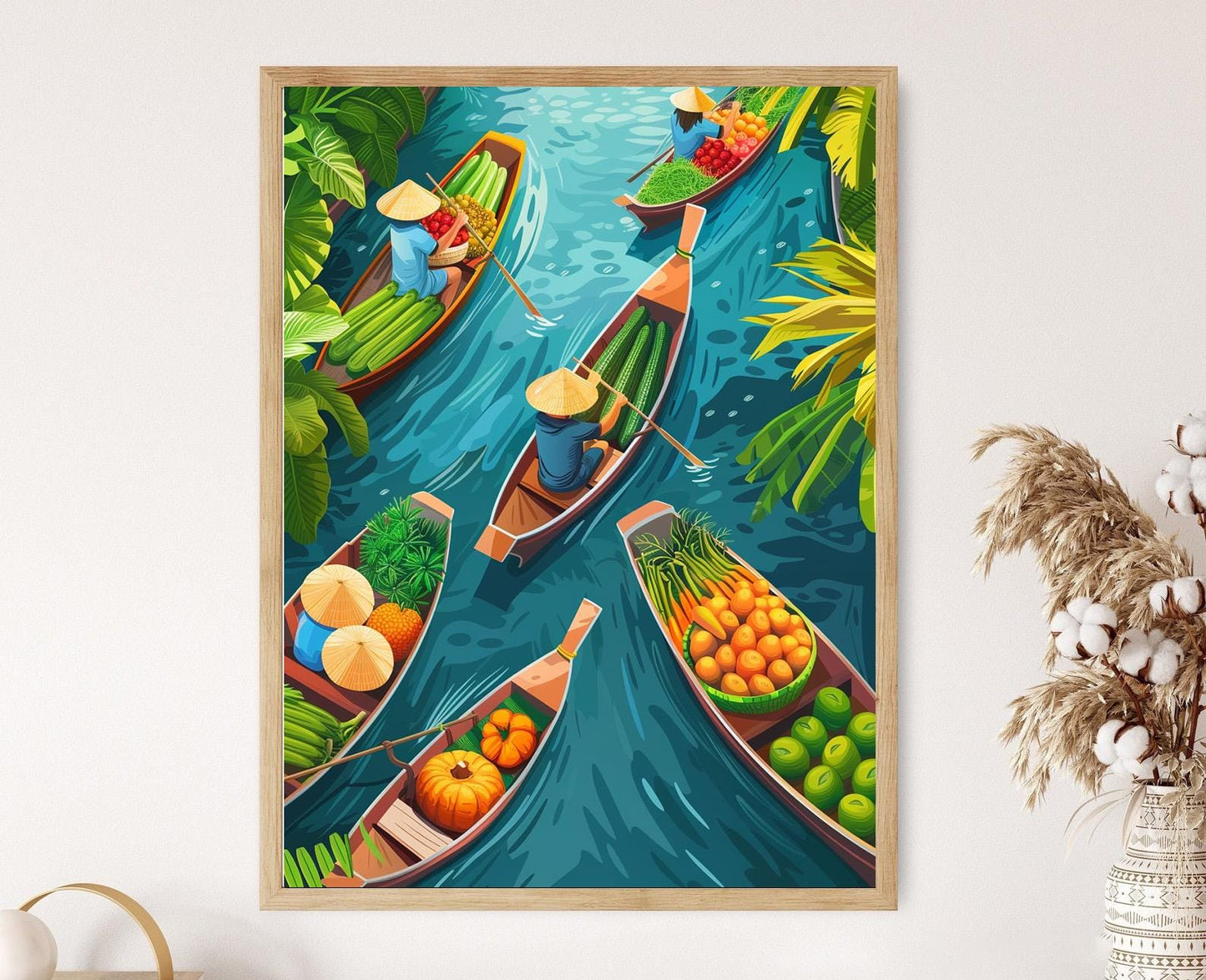 Affiche Marché Flottant Thaï – Poster Vibrantes Bateaux et Délices Locaux
