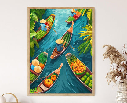 Affiche Marché Flottant Thaï – Poster Vibrantes Bateaux et Délices Locaux