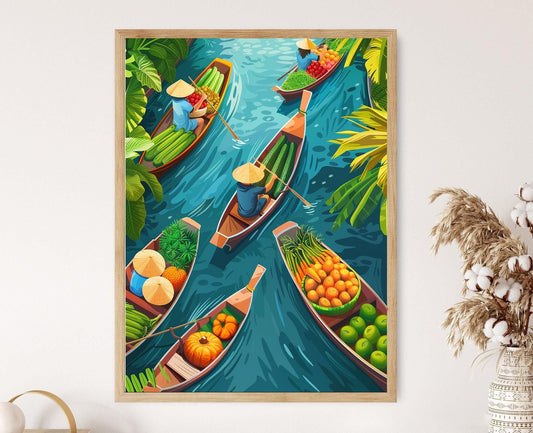 Affiche Marché Flottant Thaï – Poster Vibrantes Bateaux et Délices Locaux