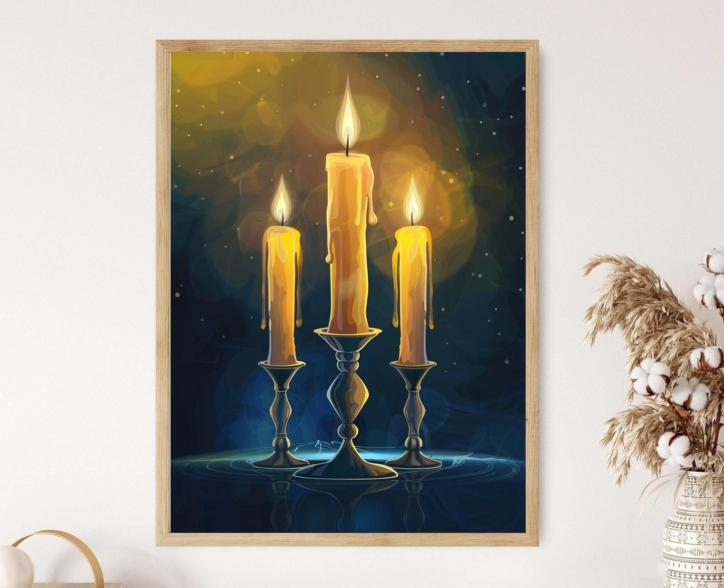 Affiche Art Juif – Bougies de Shabbat dans des Porte-Candles Élégants