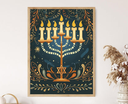 Affiche Art Juif – Menorah et Étoile de David, Décor Symbolique