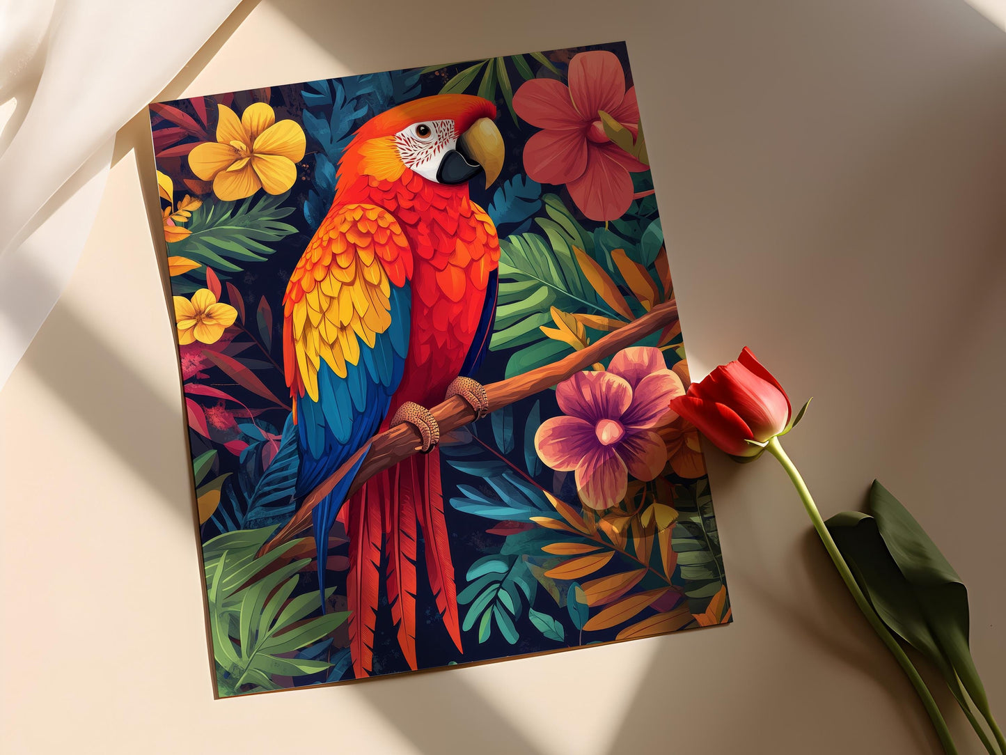 Affiche Ara Rouge Vénézuélien – Illustration Tropicale et Motifs Indigènes