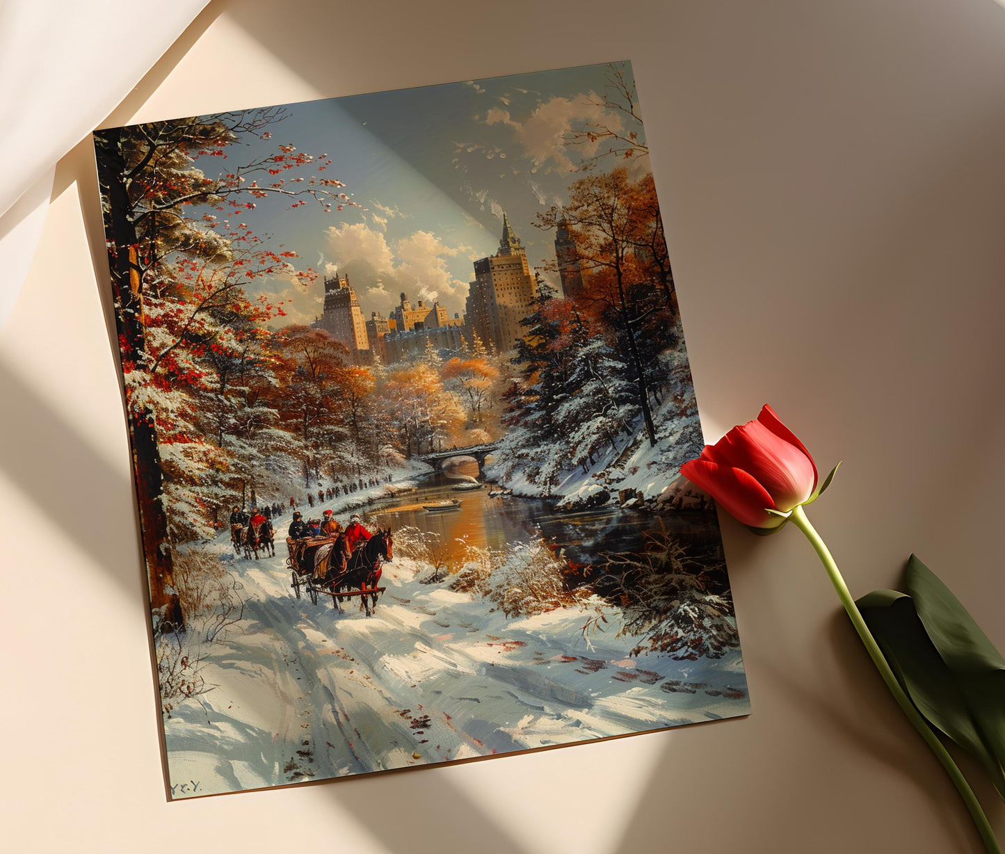 Affiche Hiver à Central Park – Peinture de traîneau avec skyline NYC
