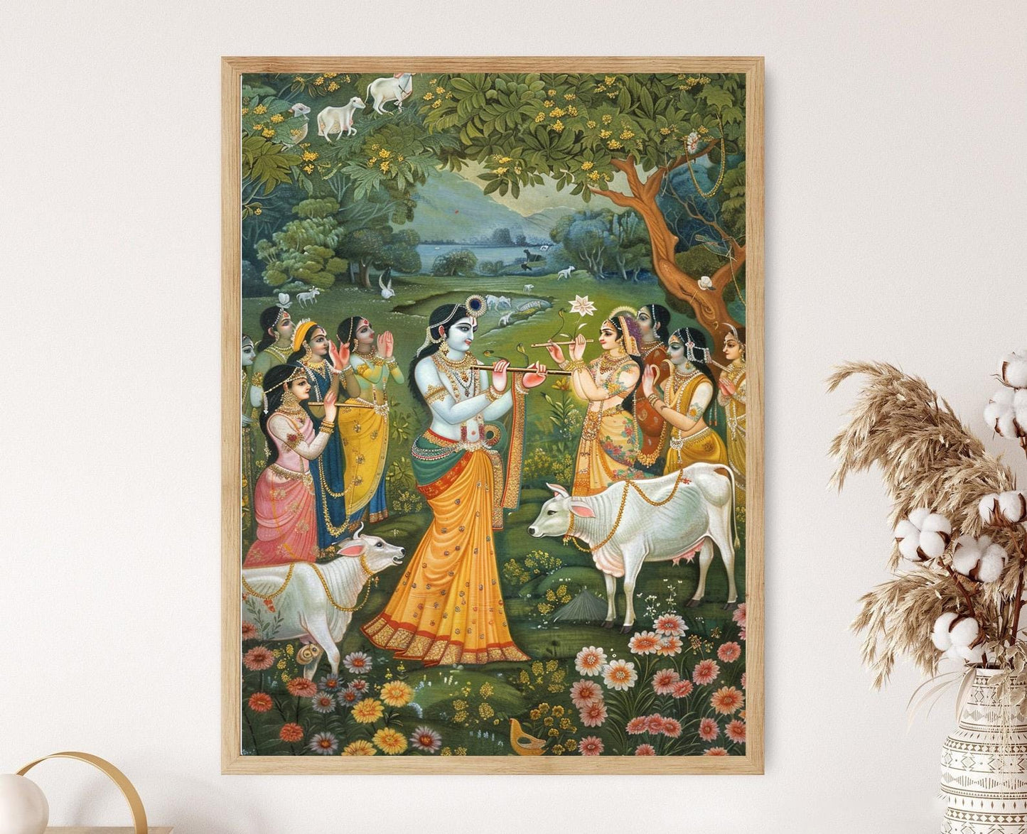Affiche Krishna Jouant de la Flûte – Poster Scène Pastorale Divine