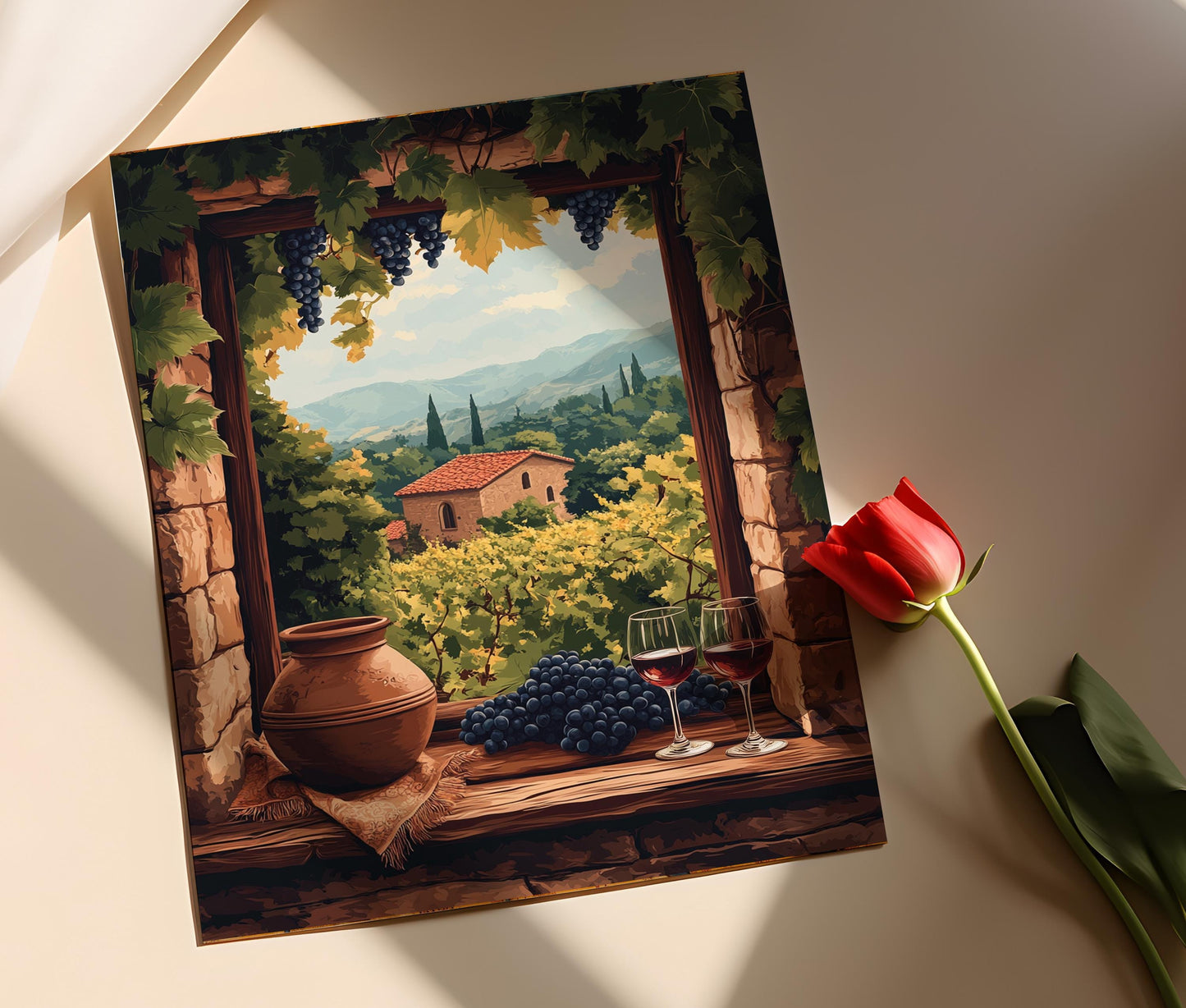Affiche Vignoble Telavi – Poster Scène de Vin Géorgien avec Qvevri et Raisins