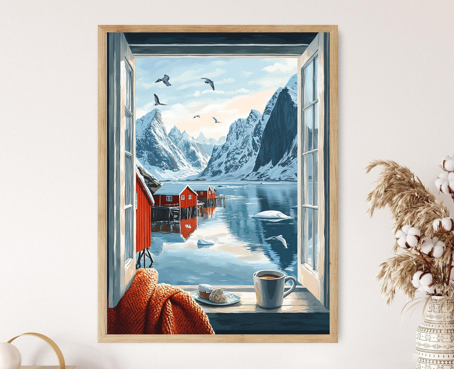 Affiche Lofoten – Poster Reflets des fjords arctiques, cabanes rouges et sommets enneigés