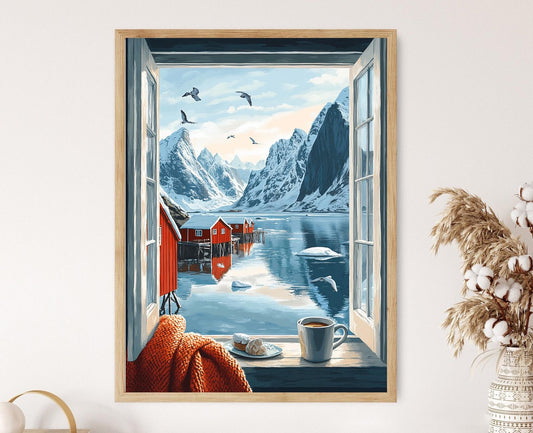 Affiche Lofoten – Poster Reflets des fjords arctiques, cabanes rouges et sommets enneigés