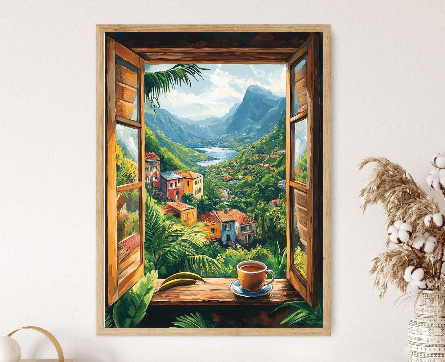 Affiche Île de la Réunion – Vue volcanique, maisons créoles, thé vanille