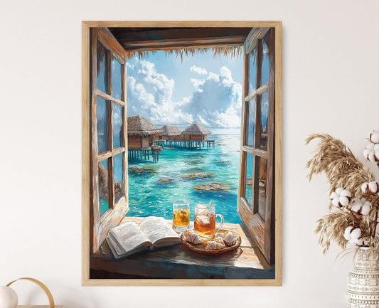 Affiche Maldives – Poster Bungalows sur l'eau et lagon corallien