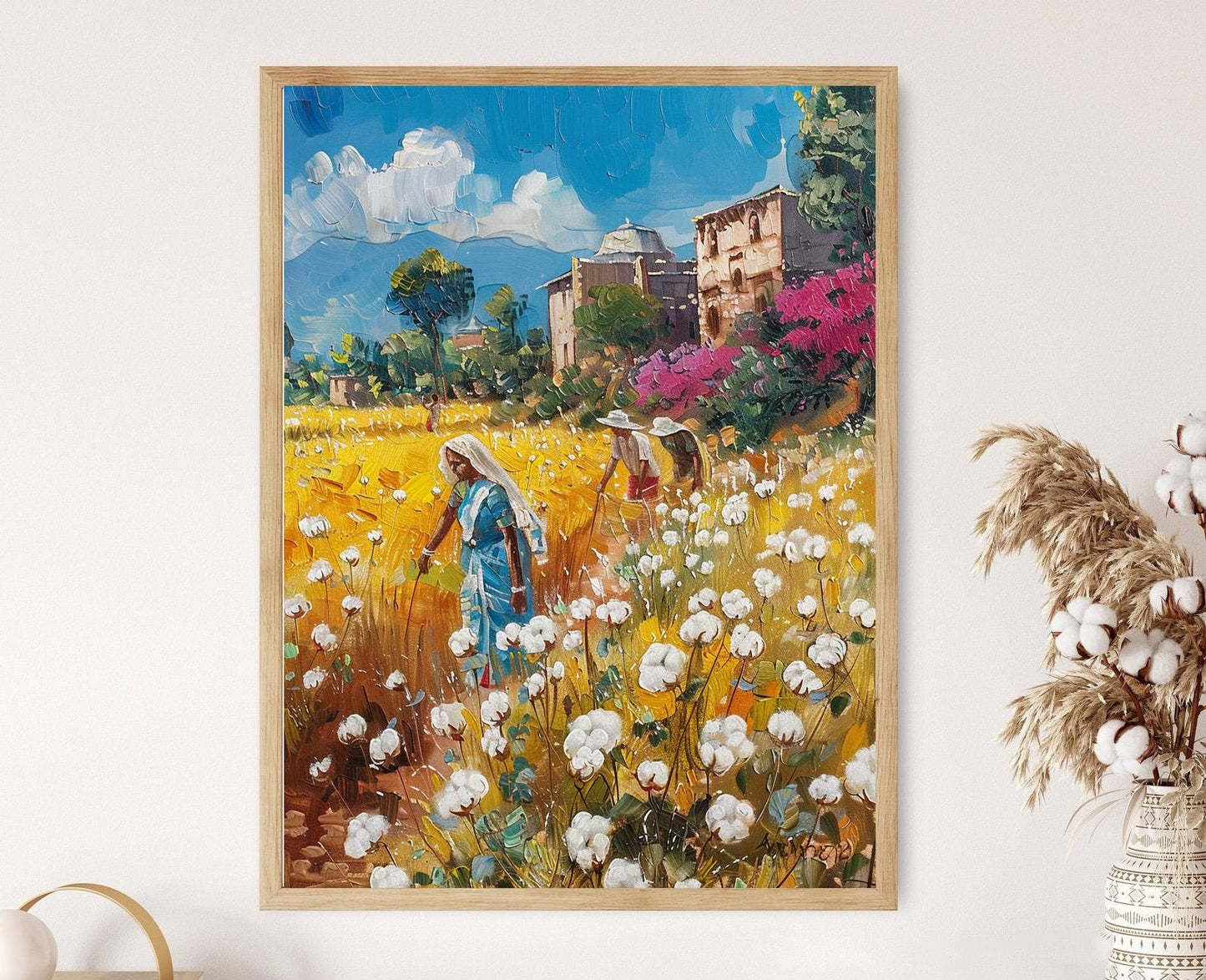 Affiche Fermiers de Coton Indiens – Poster Peinture Village Colorée