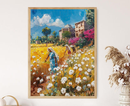 Affiche Fermiers de Coton Indiens – Poster Peinture Village Colorée