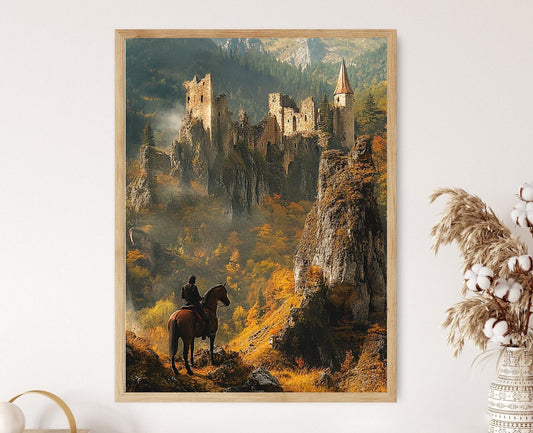 Affiche Transylvanienne – Cavalier au milieu des ruines Daces, Paysage majestueux