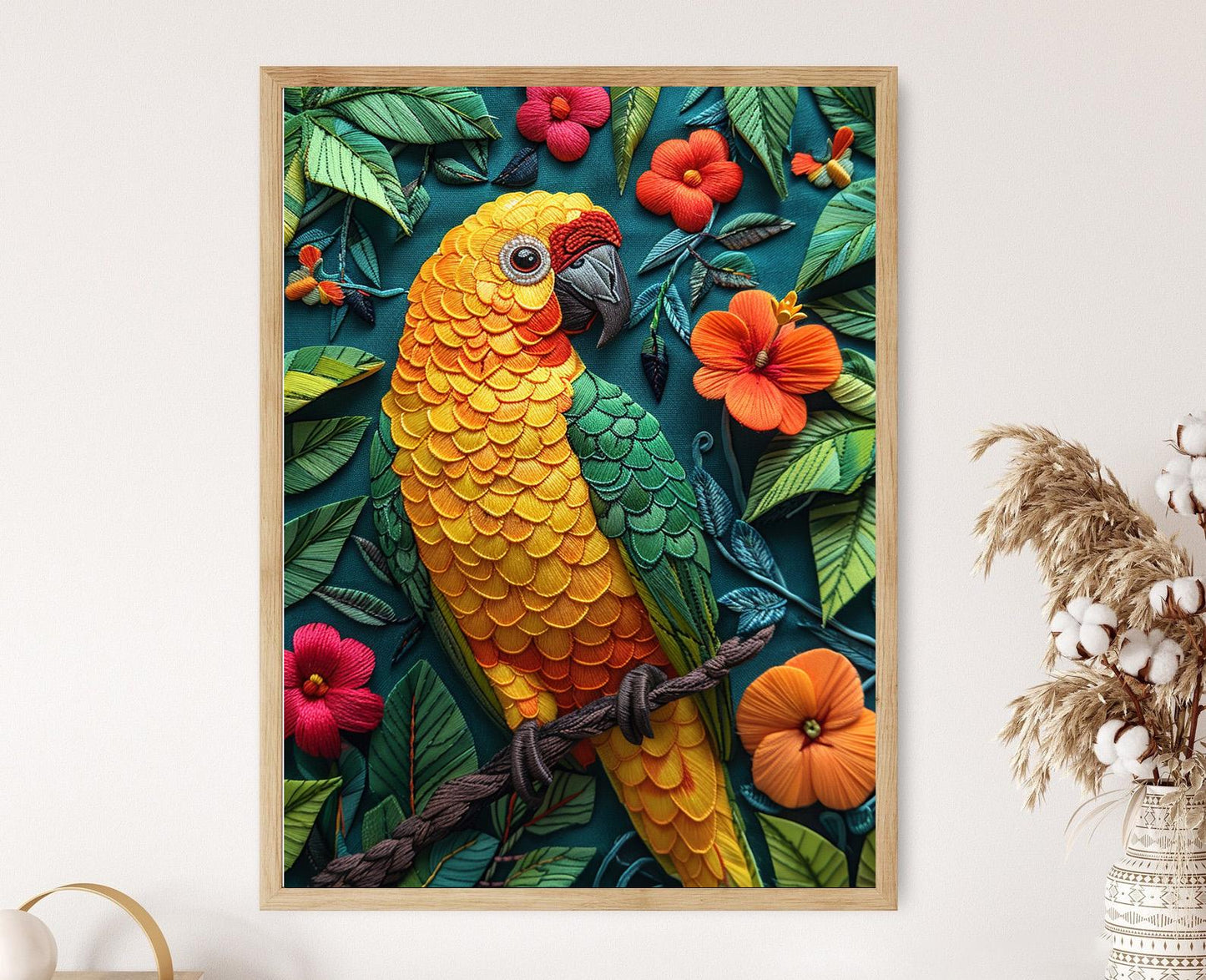 Affiche Perroquet Amazon – Poster Peinture Brodée, Nature Colorée et Éclatante