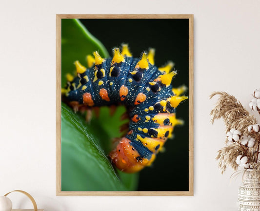 Affiche Chenille sur Feuille – Impression Art Macro Éclatante
