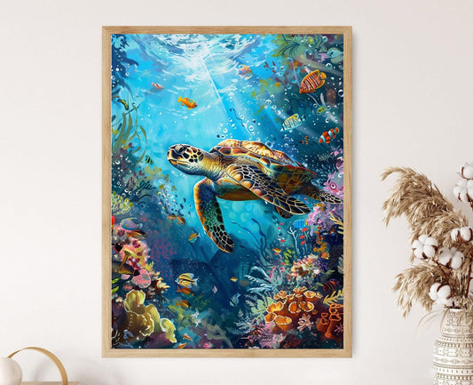 Affiche Tortue Honu – Tableau Vibrant de Corail et Scène Sous-Marine