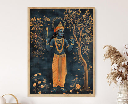 Affiche Pichwai Moderne – Poster Shrinathji Minimaliste en Indigo et Or