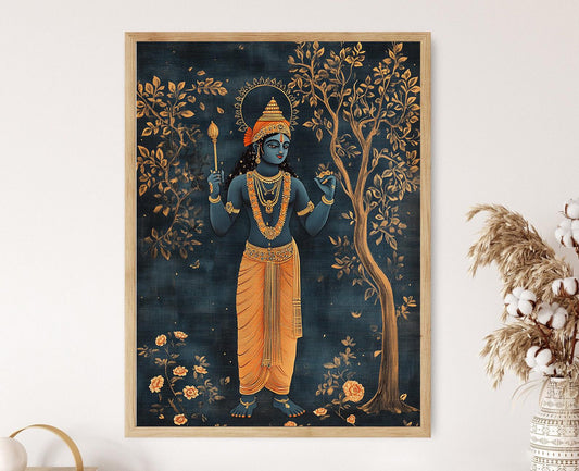 Affiche Pichwai Moderne – Poster Shrinathji Minimaliste en Indigo et Or