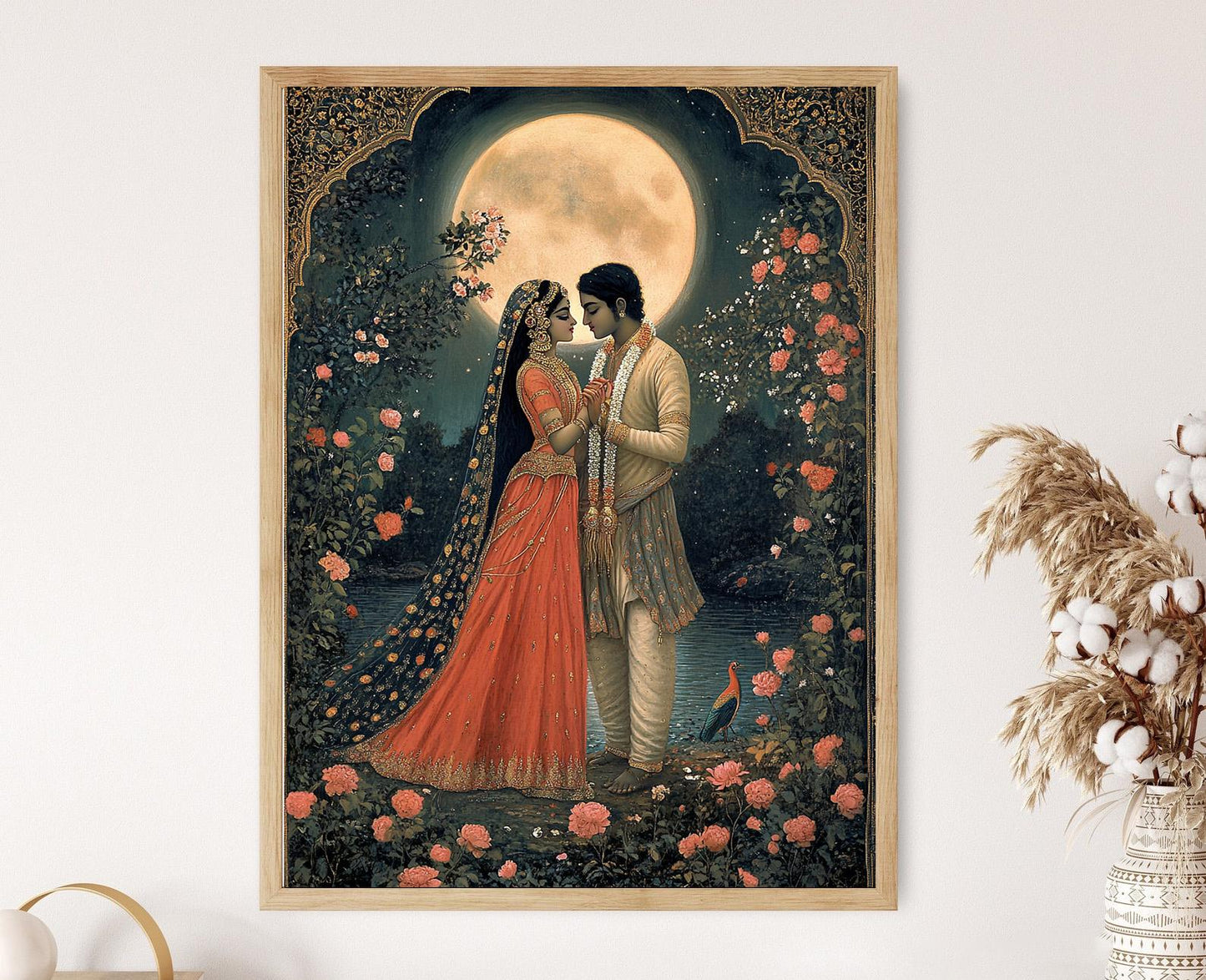 Affiche Radha Krishna au Clair de Lune – Art Pichwai Indien Traditionnel