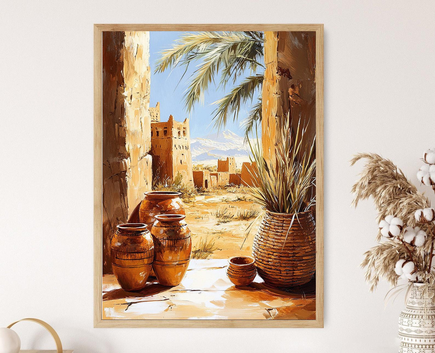 Affiche Art de Poterie Nubienne – Print de Village Africain en Terracotta