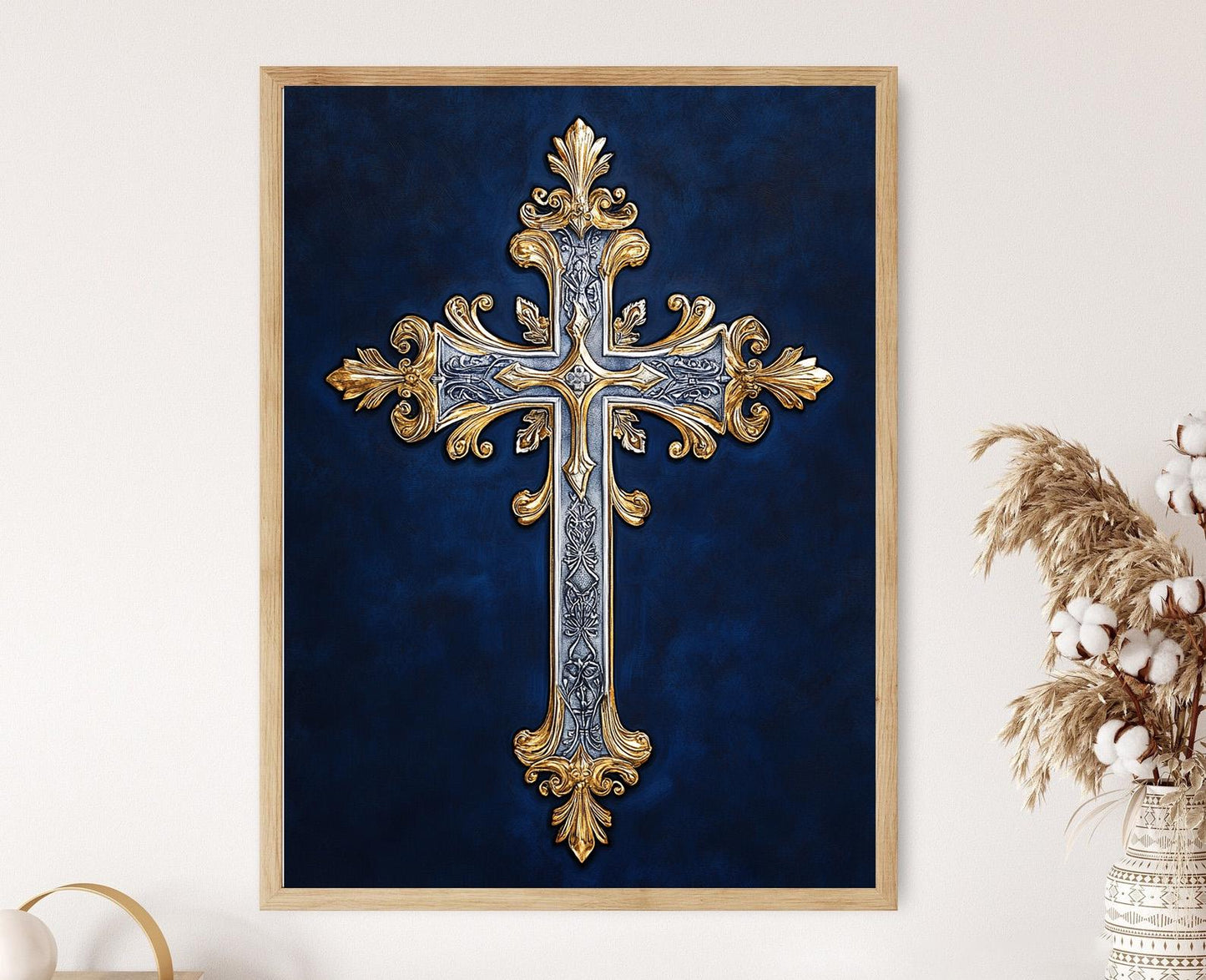 Affiche Croix Copte – Poster Art Sacrée Éthiopienne en Métal Argenté