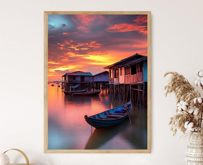 Affiche Village Côtier Malais – Impression d'Art, Bateaux Traditionnels, Coucher de Soleil