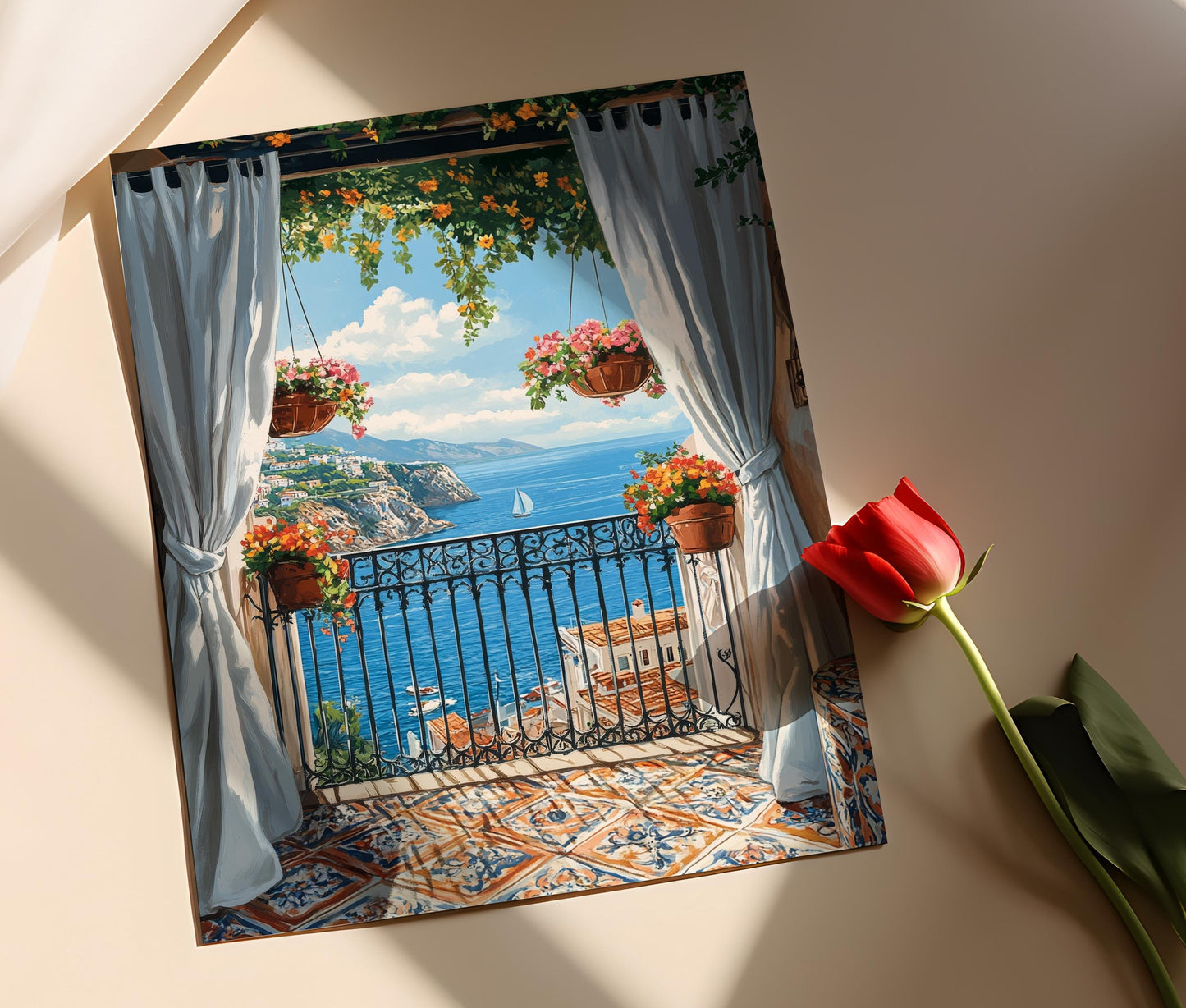 Affiche Balcon de Tripoli – Illustration de Fer, Fleurs et Vue Méditerranéenne