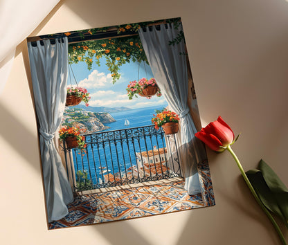 Affiche Balcon de Tripoli – Illustration de Fer, Fleurs et Vue Méditerranéenne