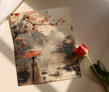 Affiche Femme Coréenne en Hanbok – Poster Scène Fluviale & Cerisiers