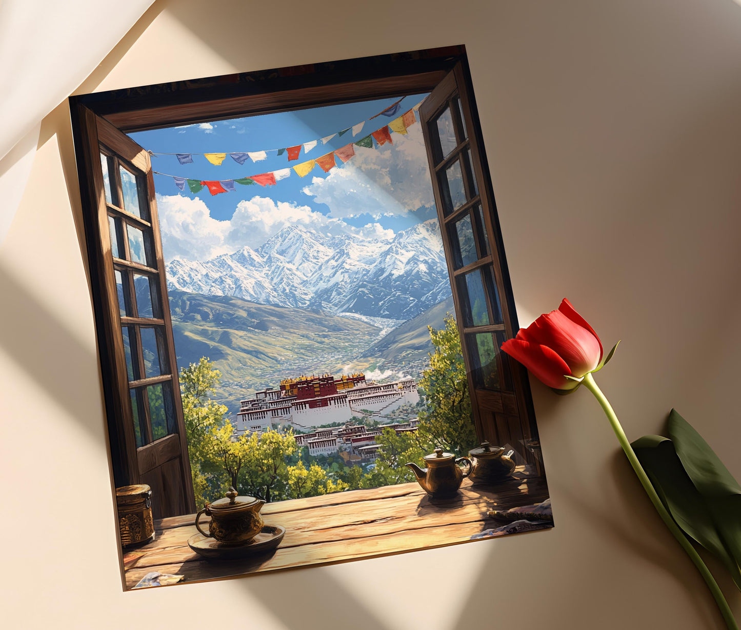 Affiche Palais de Potala – Illustration Fenêtre, Drapeaux de Prière et Cimes Enneigées