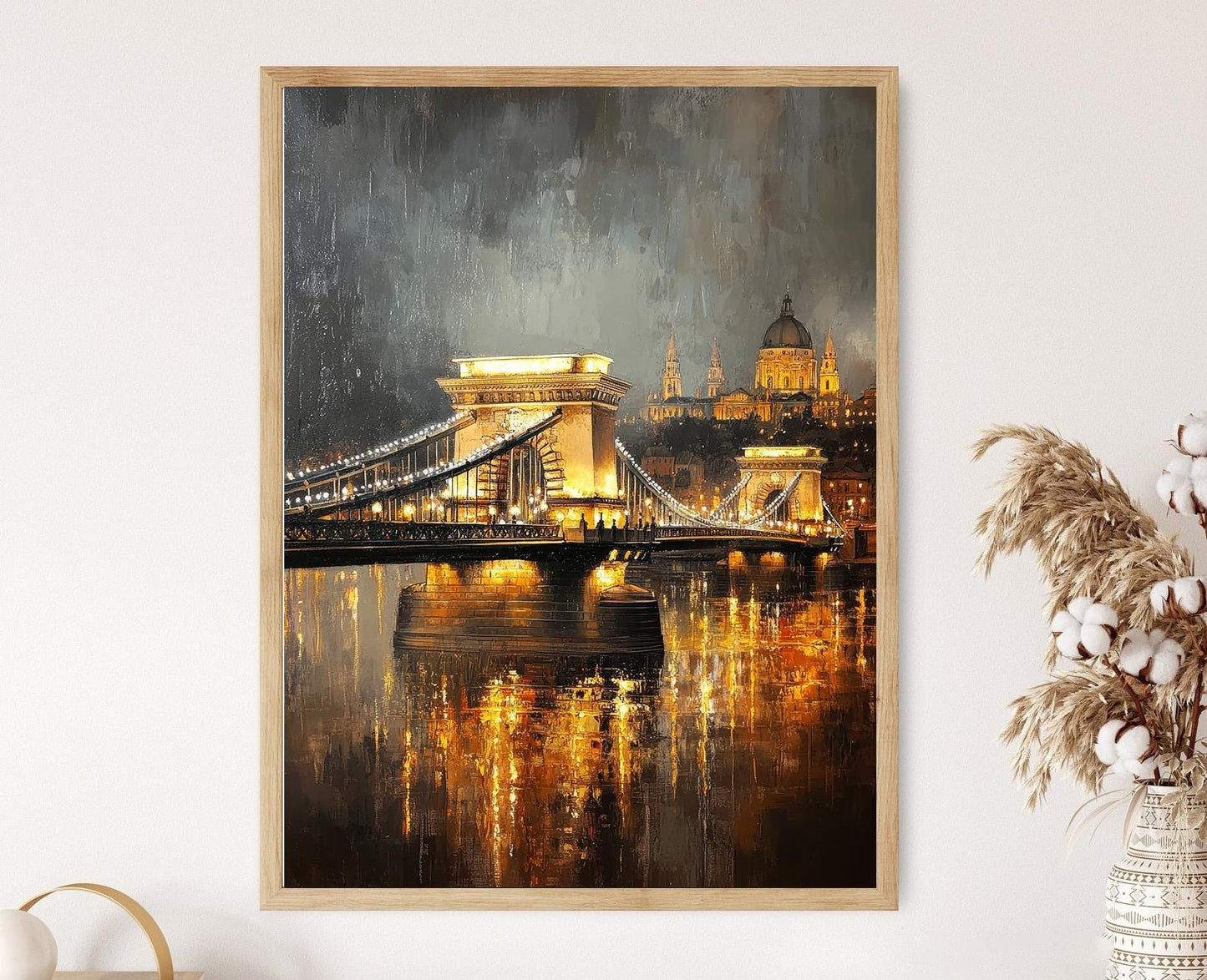 Affiche Budapest – Poster Pont des Chaînes, Nuit Éclairée, Reflets du Danube