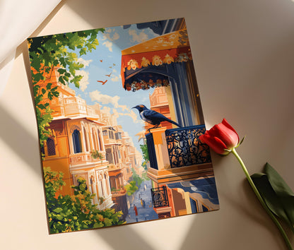 Affiche Myna de Lucknow – Poster Scène de Balcon Indien