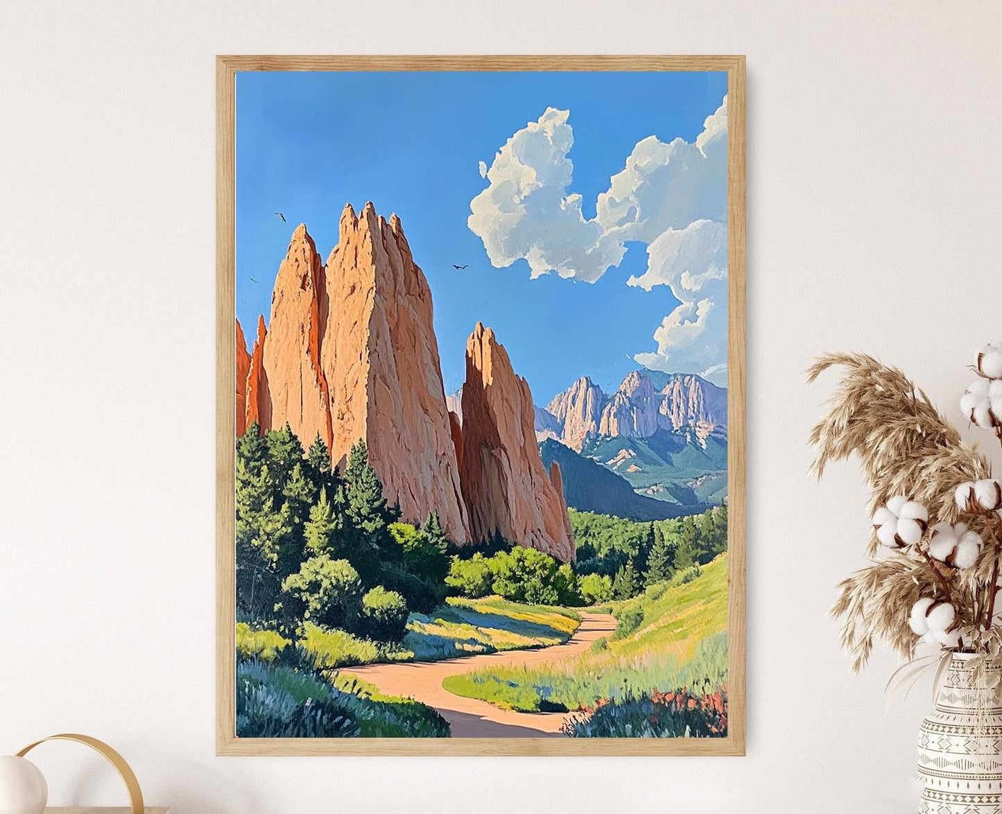 Affiche Jardin des Dieux – Illustration des formations rocheuses rouges et ciel bleu