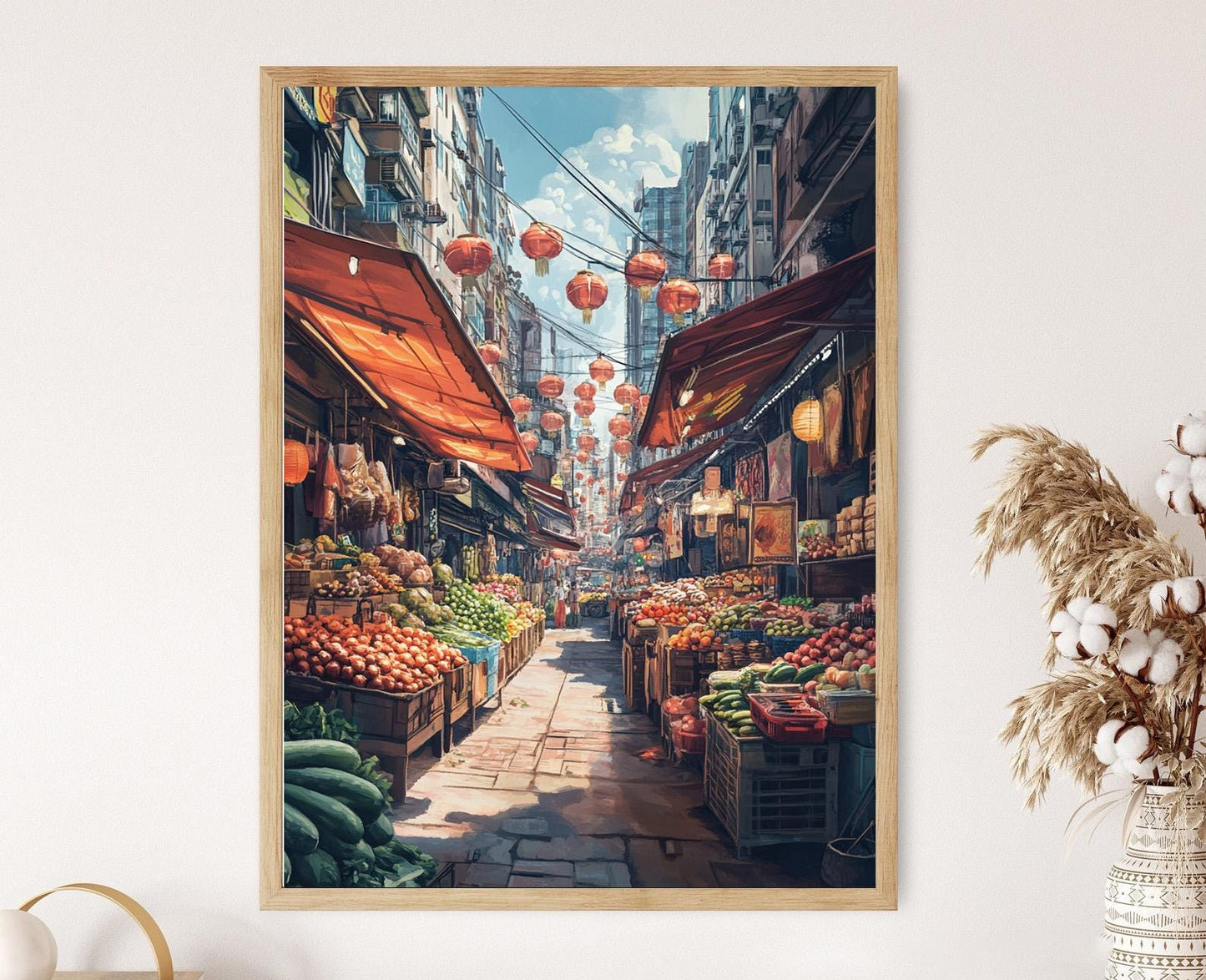 Affiche Marché de Rue à Hong Kong – Impression Art Colorée et Lanternes