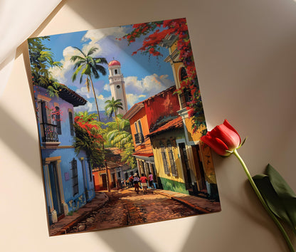 Affiche Santa Ana – Peinture coloniale salvadorienne, vie colorée et bâtiments