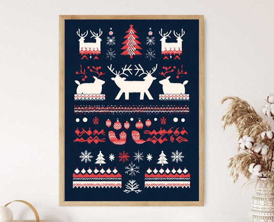Affiche Noël Festif – Poster Art Folk Scandinave avec Rênes