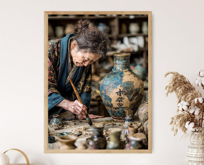 Affiche Kintsugi – Illustration Maître Potier Japonais, Réparation Dorée