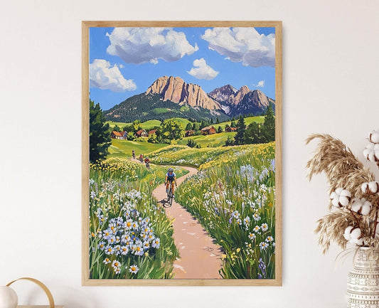 Affiche Boulder Colorado – Impression d'été avec Flatirons et cyclistes