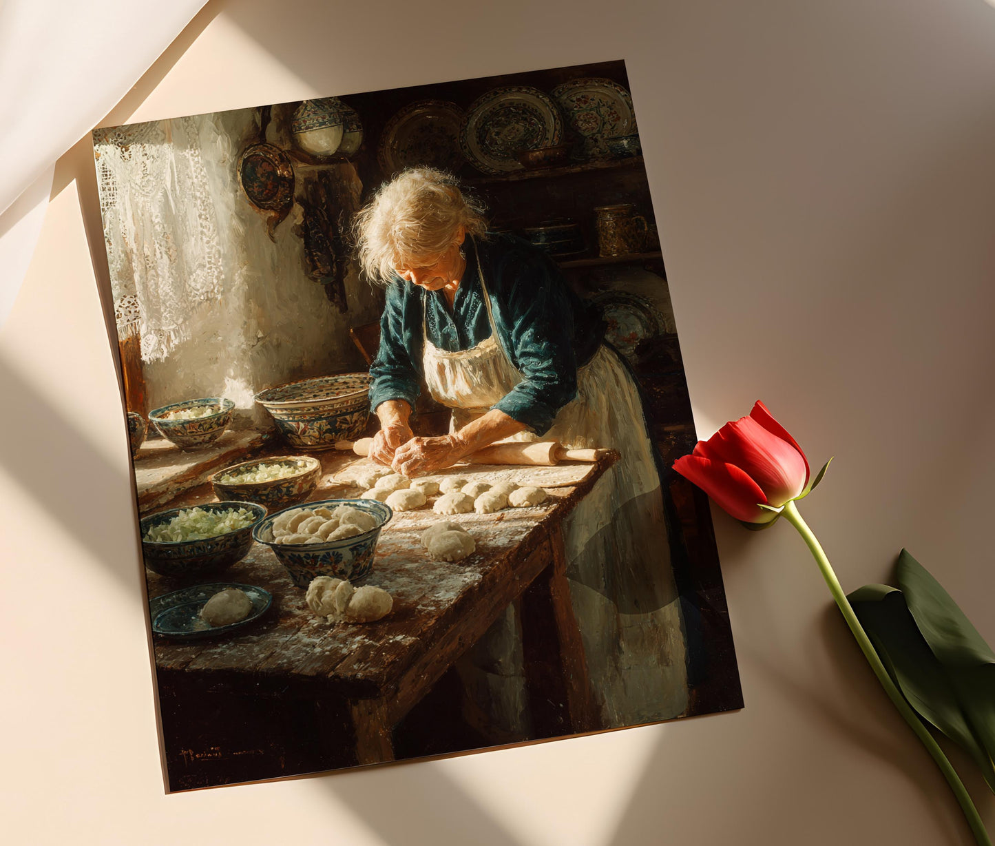 Affiche Pierogi Polonais – Poster Art de Cuisine avec Grand-mère et Dentelle